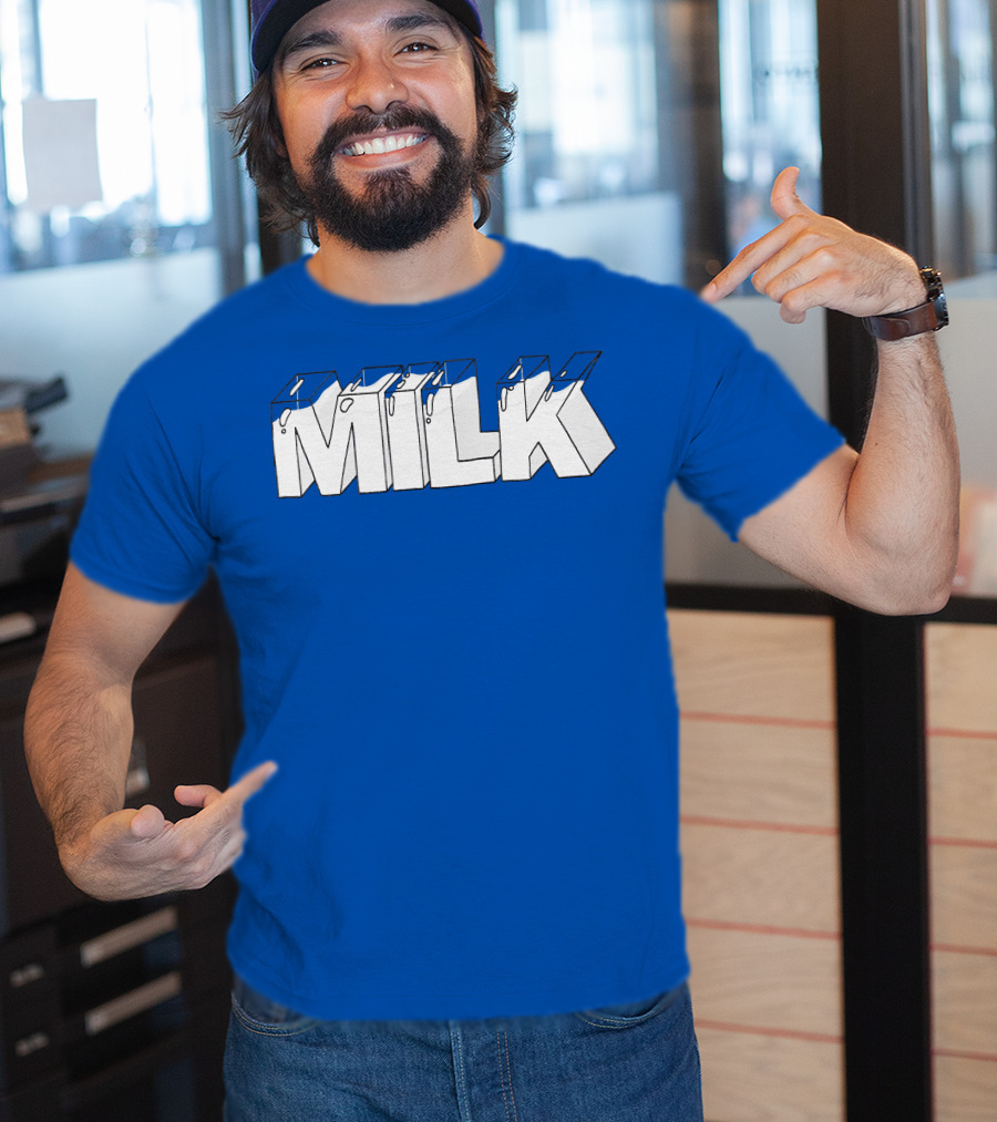 Ted Nivison Milk Merch Bold Blue Text T-Shirt
