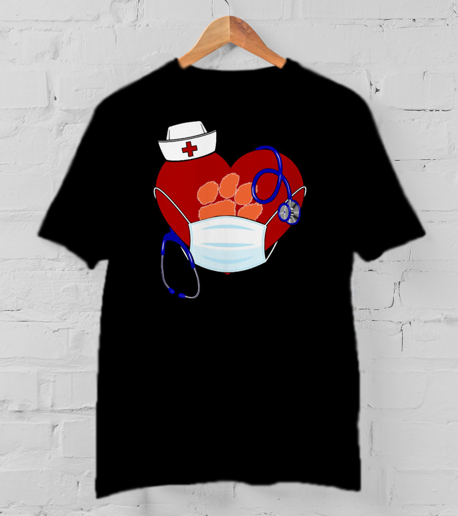 Heart Tigers Nursing Mask Stethoscope Paw Prints T-Shirt