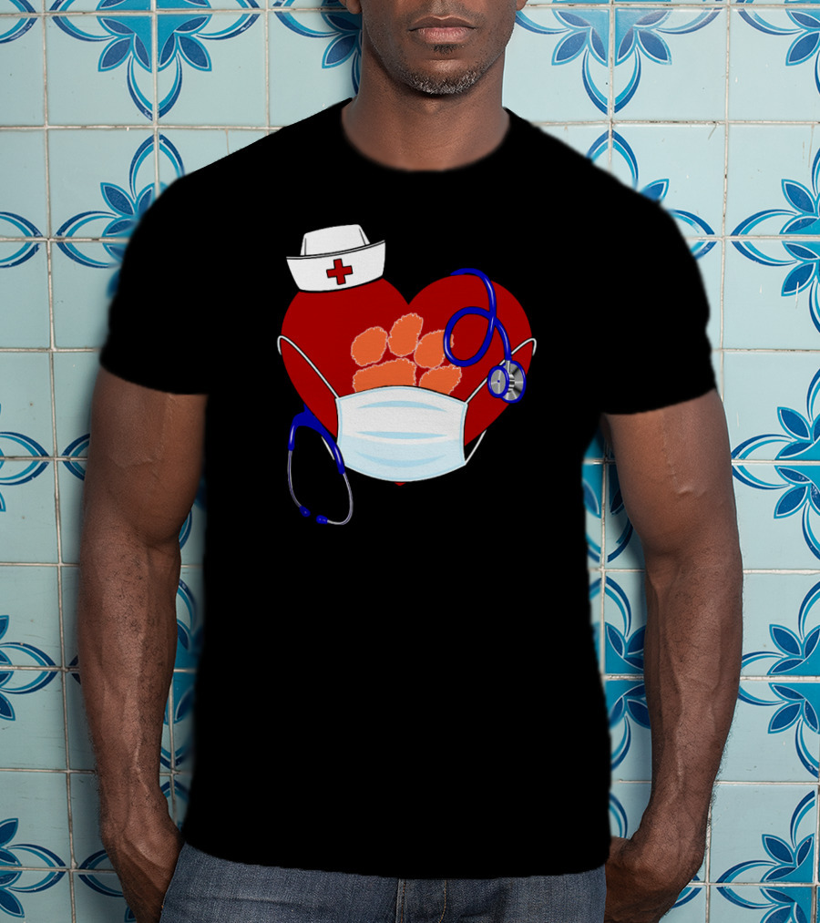 Heart Tigers Nursing Mask Stethoscope Paw Prints T-Shirt