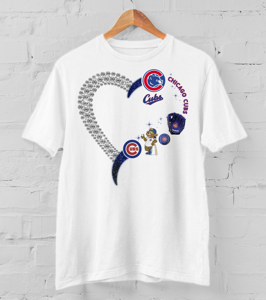 Chicago Cubs Heart Design With Logos And Bear Mascot T-Shirt