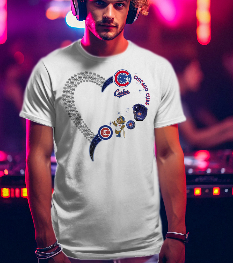 Chicago Cubs Heart Design With Logos And Bear Mascot T-Shirt