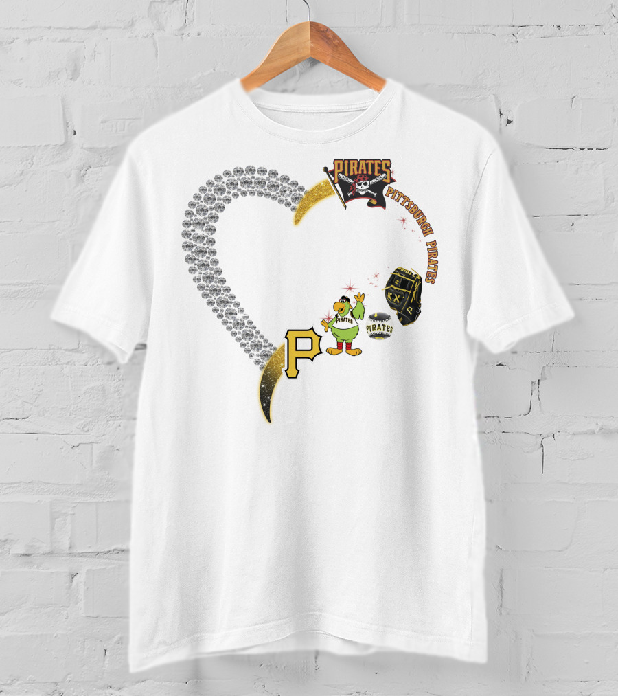 Pittsburgh Pirates Heart Logo Skully Parrot Baseball Glove P Patch T-Shirt