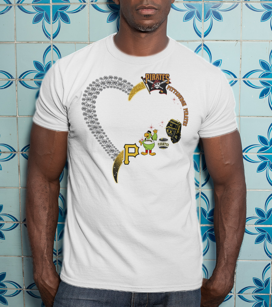 Pittsburgh Pirates Heart Logo Skully Parrot Baseball Glove P Patch T-Shirt