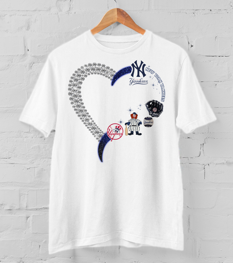 New York Yankees Heart Design With Baseball Elements T-Shirt