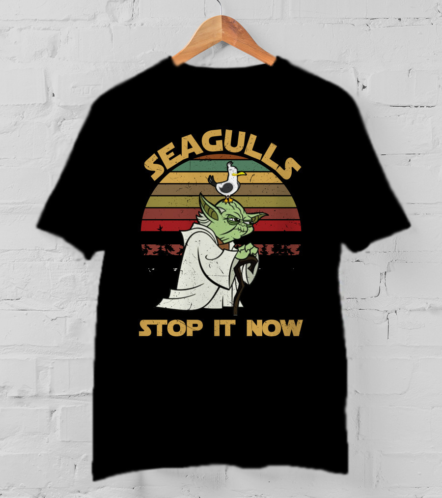 Seagulls STOP IT NOW Retro Yoda Parody With Seagull On Head T-Shirt