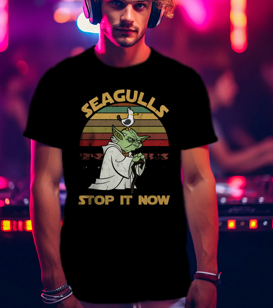Seagulls STOP IT NOW Retro Yoda Parody With Seagull On Head T-Shirt