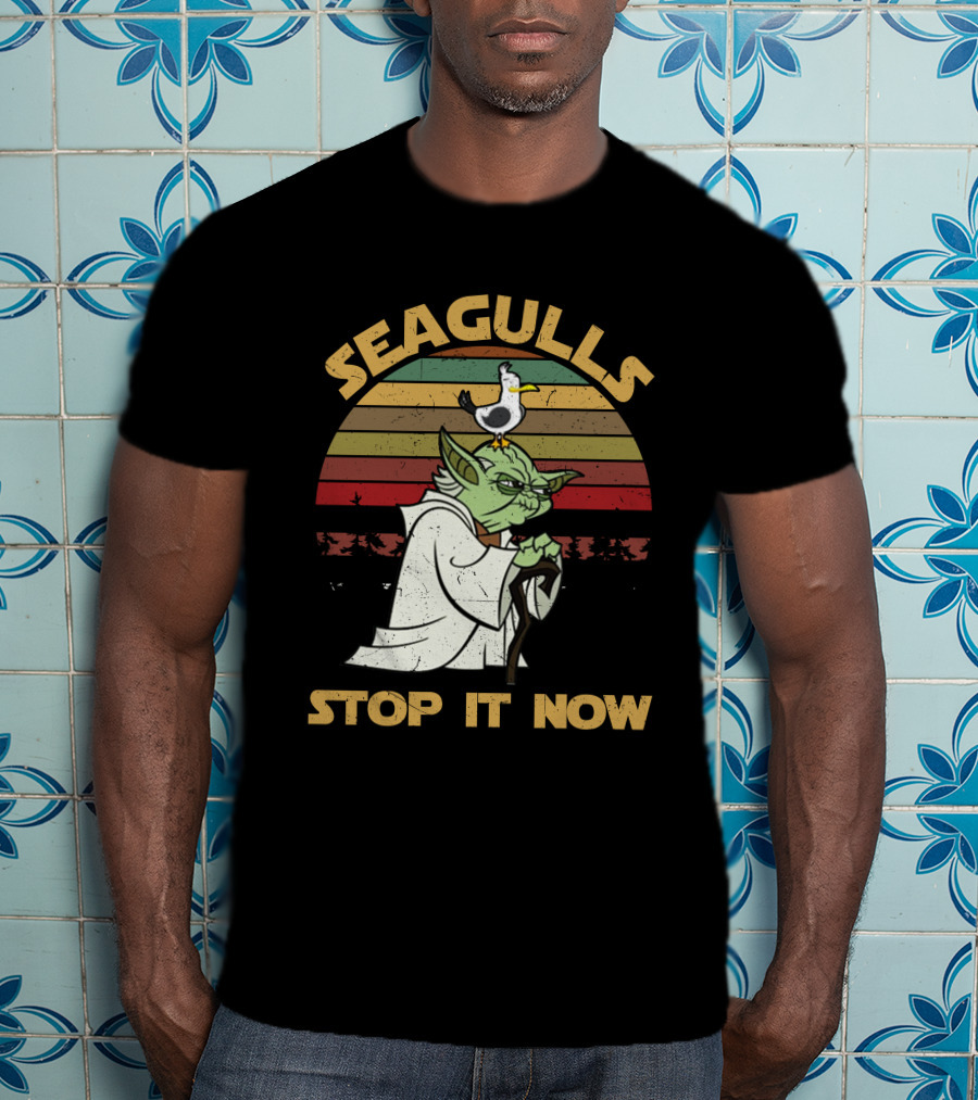 Seagulls STOP IT NOW Retro Yoda Parody With Seagull On Head T-Shirt