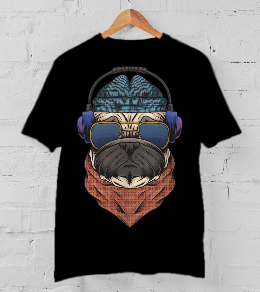 Bulldog Hipster Headphones Bandana Sunglasses Beanie T-Shirt