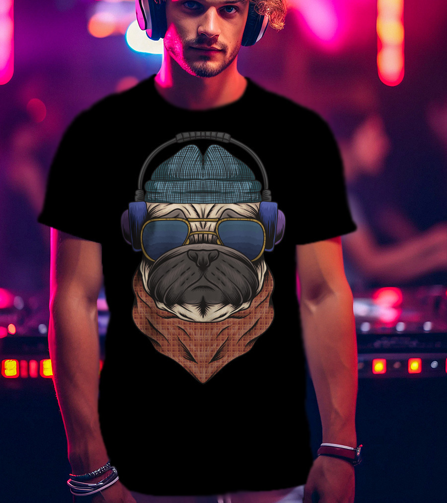 Bulldog Hipster Headphones Bandana Sunglasses Beanie T-Shirt