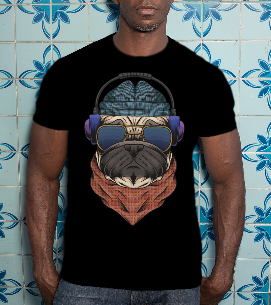 Bulldog Hipster Headphones Bandana Sunglasses Beanie T-Shirt