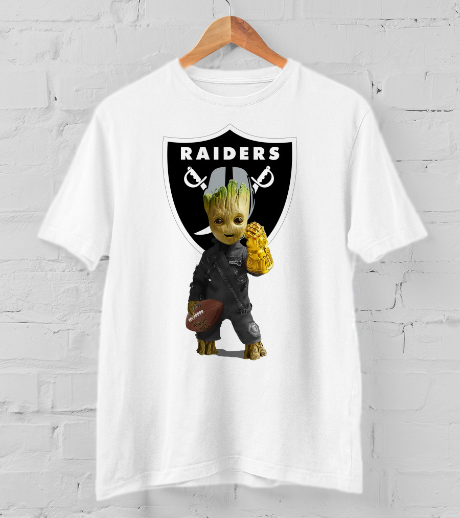 Las Vegas Raiders Groot Holding Football With Gauntlet In Front Of Raiders T-Shirt