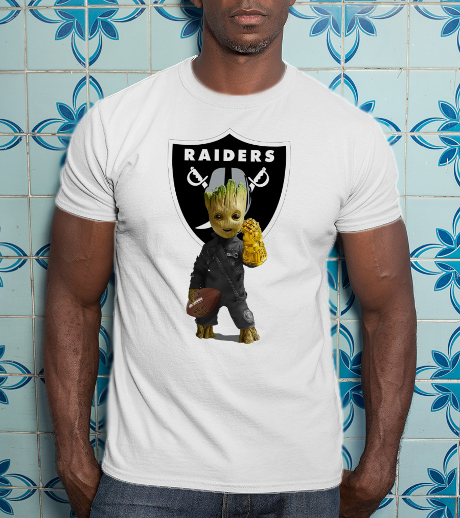 Las Vegas Raiders Groot Holding Football With Gauntlet In Front Of Raiders T-Shirt