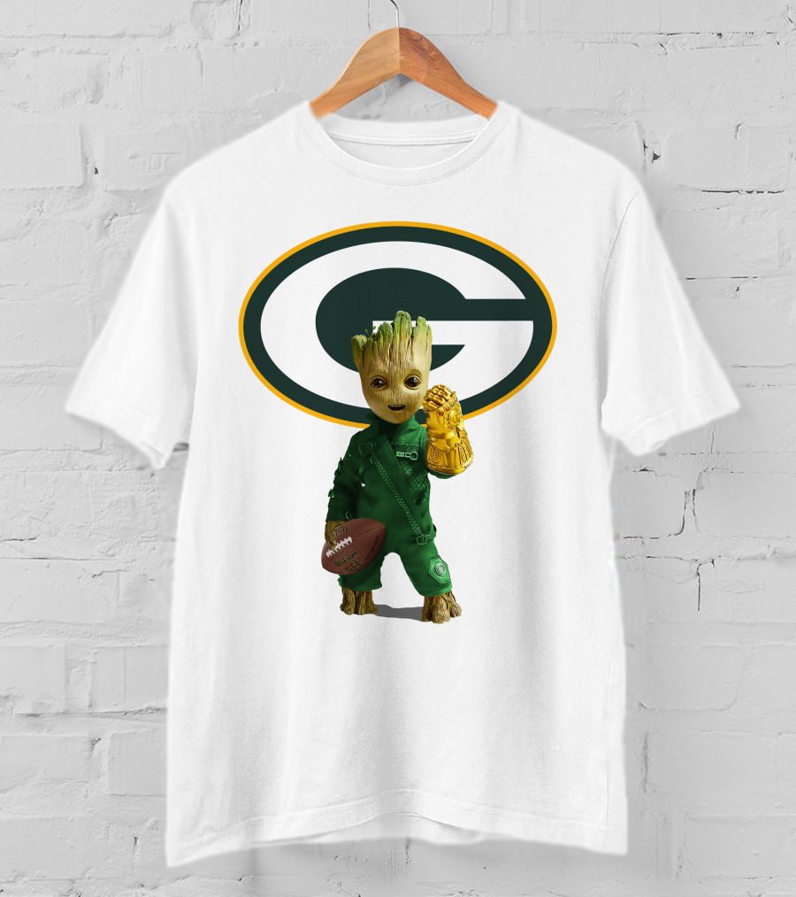 Green Bay Packers Groot Football Holding Infinity Gauntlet T-Shirt