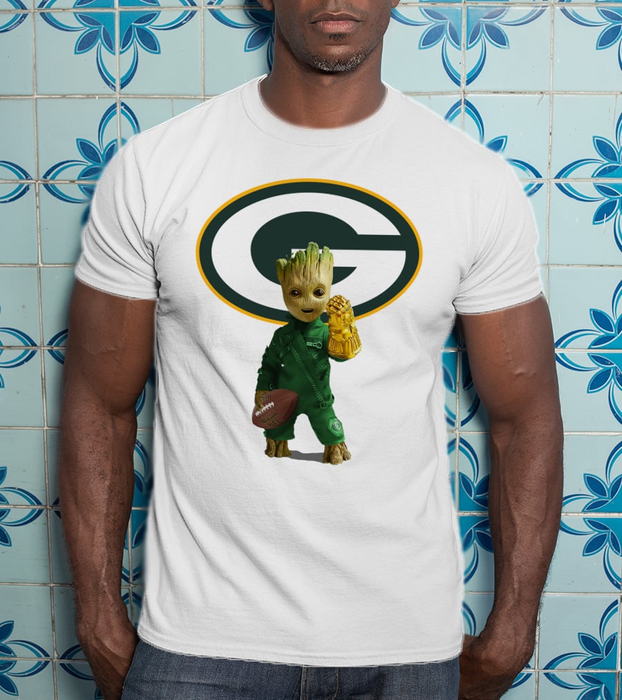 Green Bay Packers Groot Football Holding Infinity Gauntlet T-Shirt