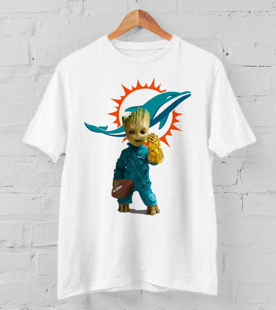 Miami Dolphins Groot Holding Football And Infinity Gauntlet T-Shirt