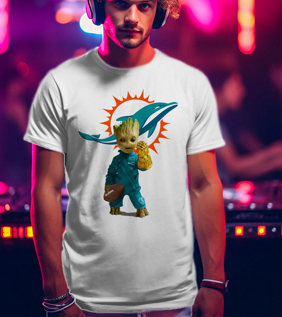 Miami Dolphins Groot Holding Football And Infinity Gauntlet T-Shirt