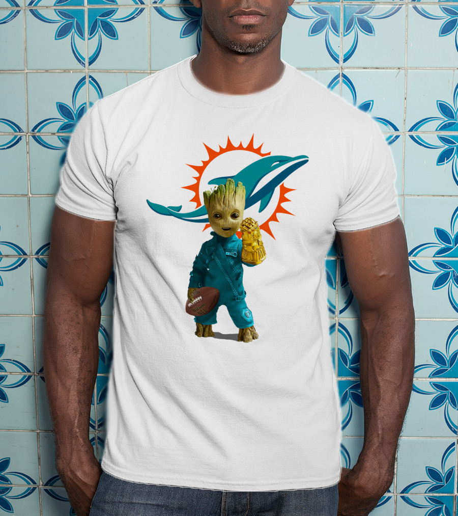 Miami Dolphins Groot Holding Football And Infinity Gauntlet T-Shirt