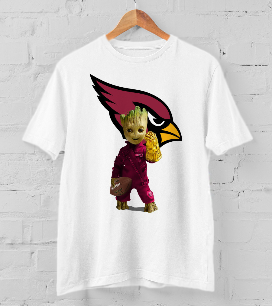 Arizona Cardinals Groot Holding Football And Infinity Gauntlet T-Shirt