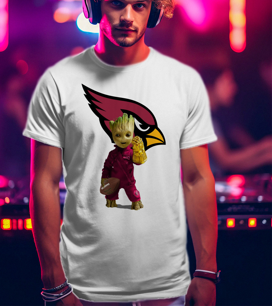 Arizona Cardinals Groot Holding Football And Infinity Gauntlet T-Shirt