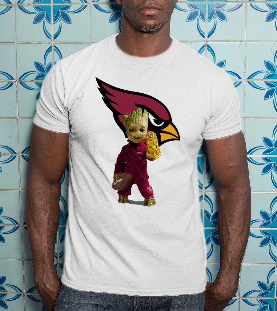 Arizona Cardinals Groot Holding Football And Infinity Gauntlet T-Shirt