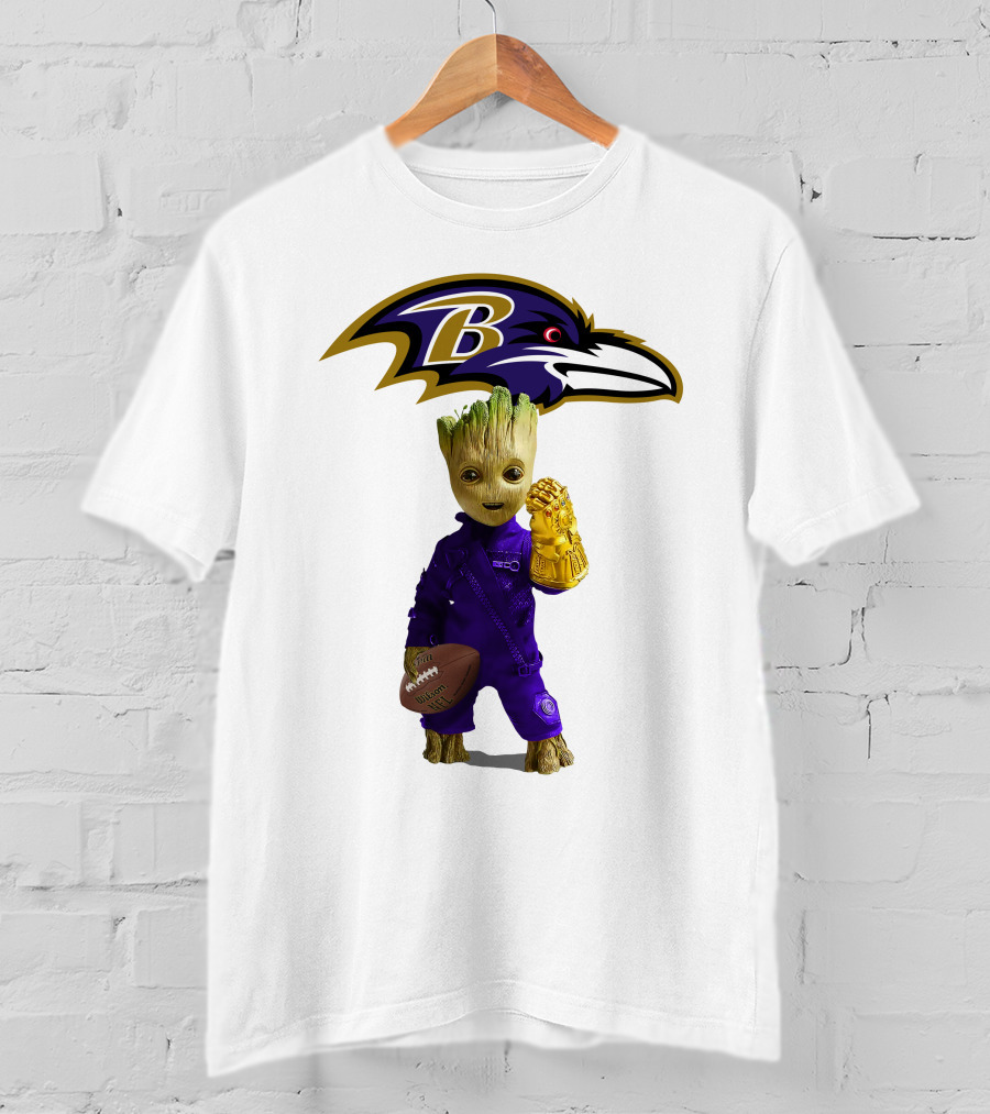 Baltimore Ravens Groot Holding Football And Infinity Gauntlet T-Shirt