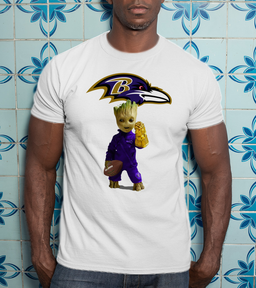 Baltimore Ravens Groot Holding Football And Infinity Gauntlet T-Shirt