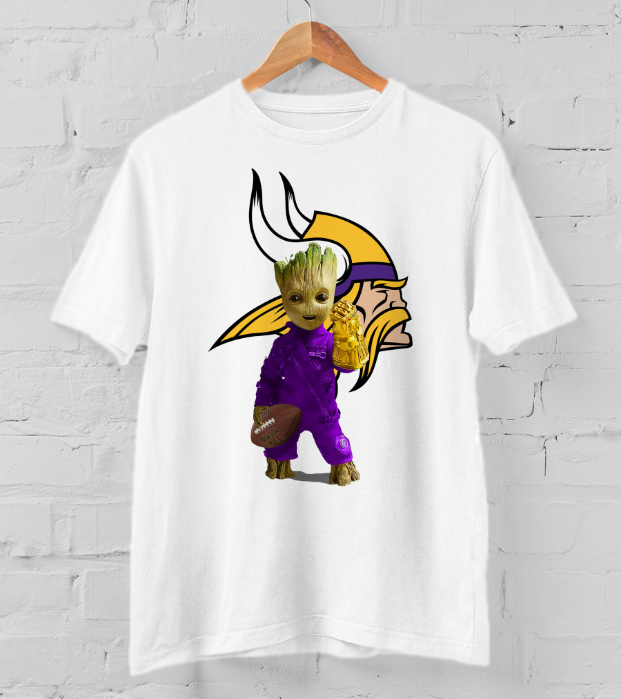 Minnesota Vikings Groot Holding Football And Infinity Gauntlet T-Shirt