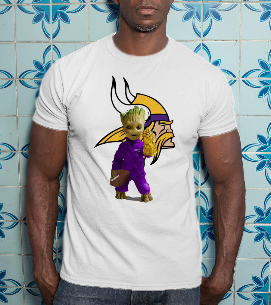 Minnesota Vikings Groot Holding Football And Infinity Gauntlet T-Shirt