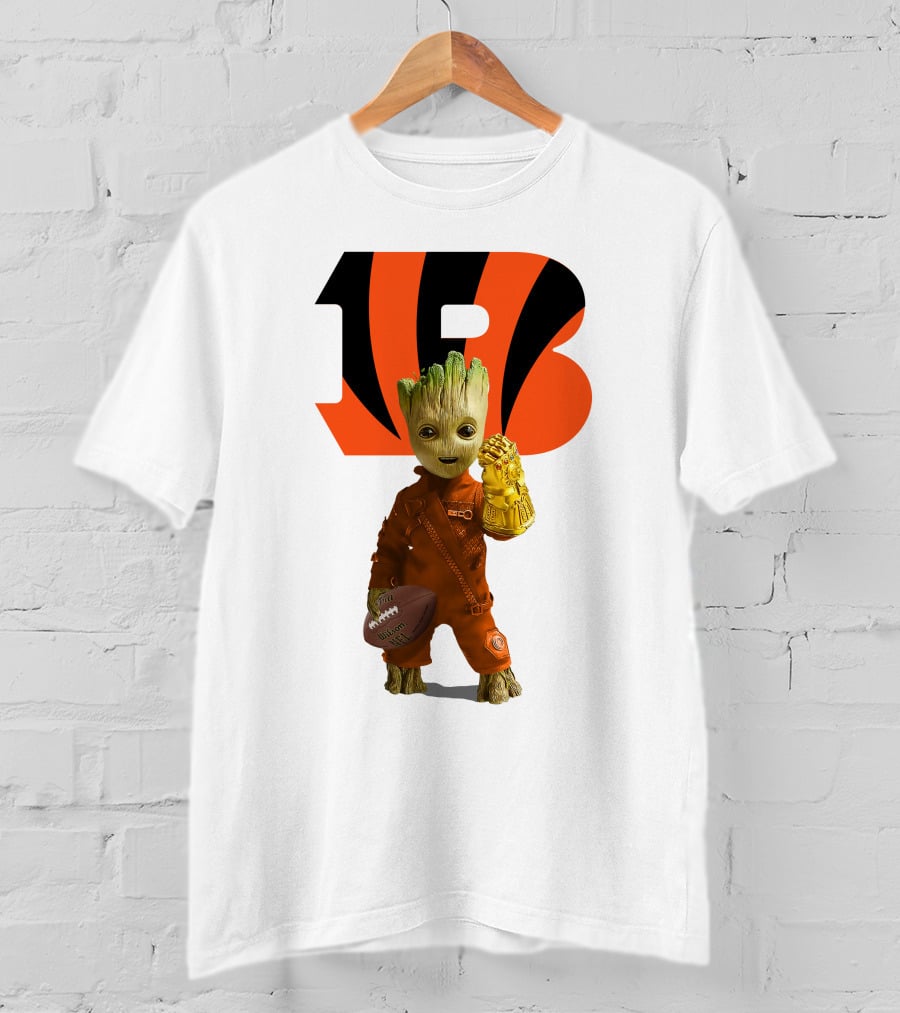 Cincinnati Bengals Groot Holding Football With Infinity Gauntlet T-Shirt