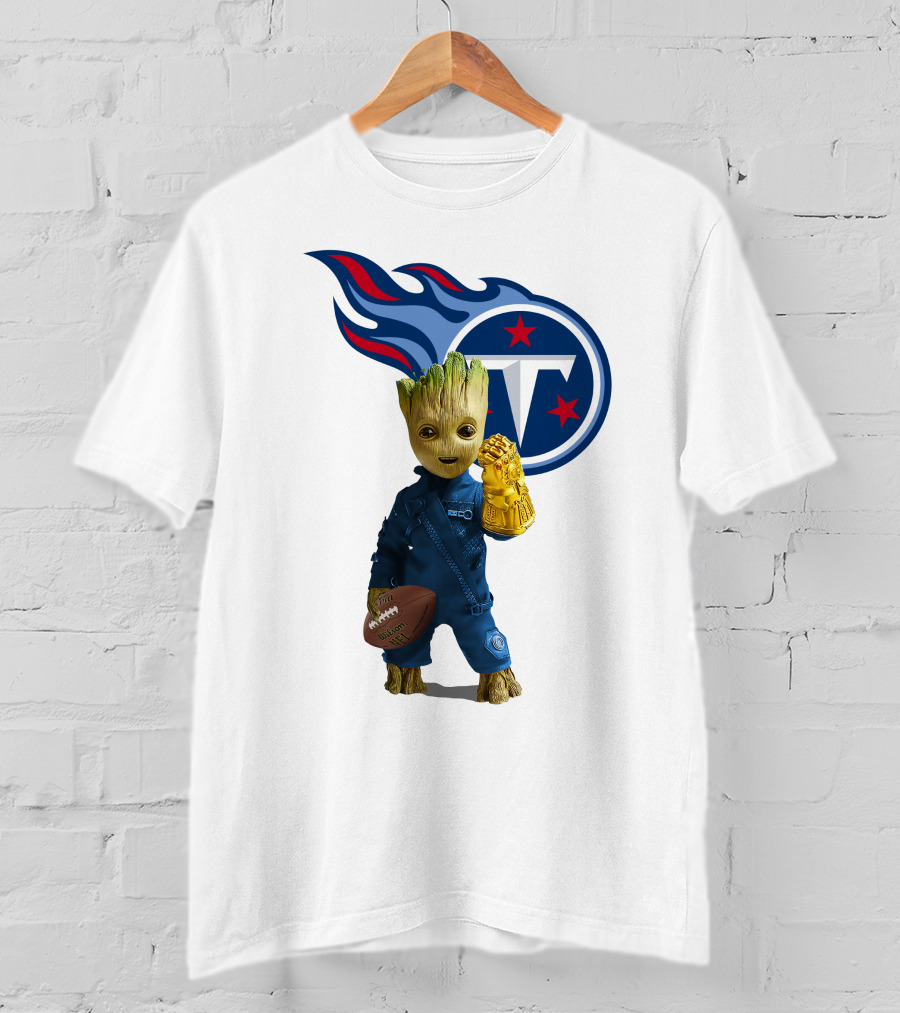 Groot Holding Football Tennessee Titans Logo Infinity Gauntlet T-Shirt