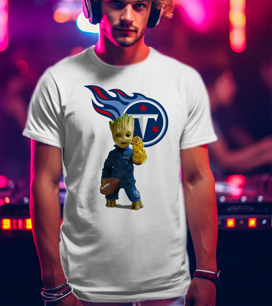 Groot Holding Football Tennessee Titans Logo Infinity Gauntlet T-Shirt