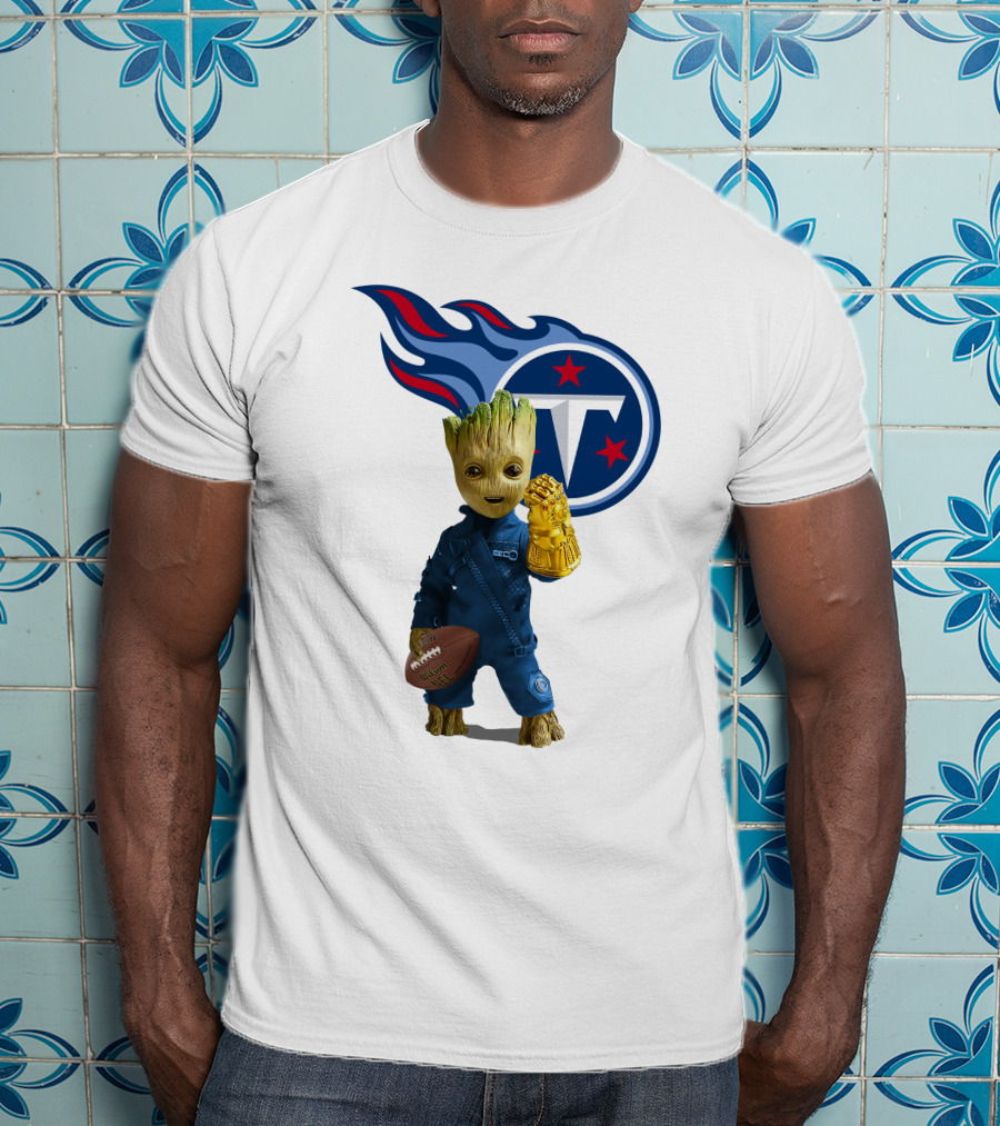 Groot Holding Football Tennessee Titans Logo Infinity Gauntlet T-Shirt