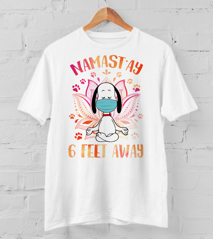 Namastay 6 Feet Away Masked Meditating Dog With Mandala And Paw Prints T-Shirt