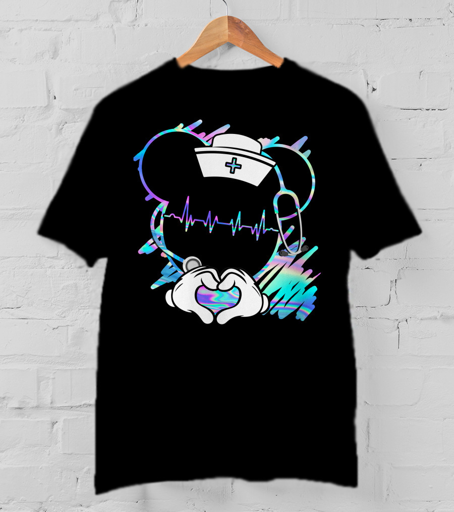 Nurse Disney Mickey Nurse Heartbeat Holographic T-Shirt