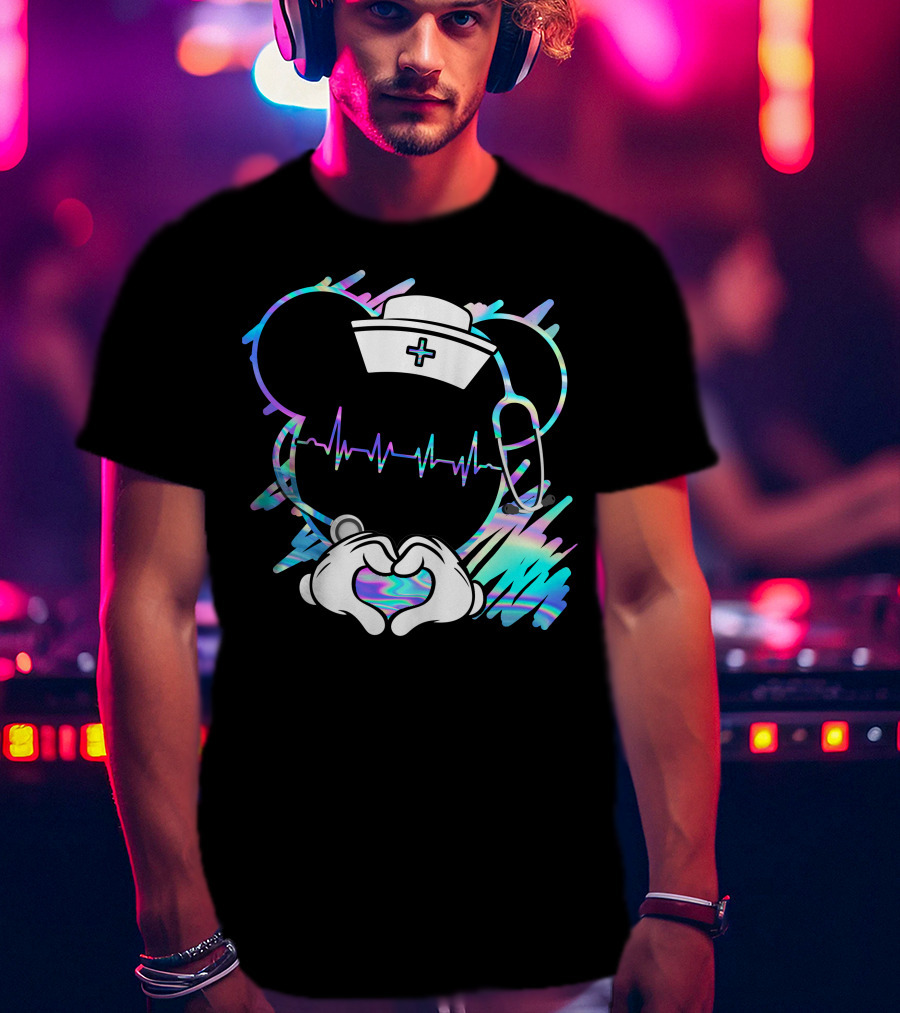 Nurse Disney Mickey Nurse Heartbeat Holographic T-Shirt