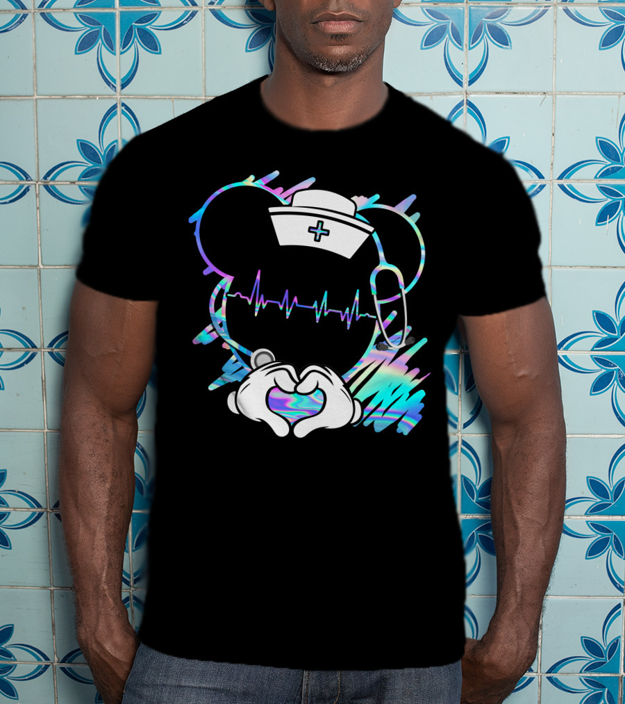 Nurse Disney Mickey Nurse Heartbeat Holographic T-Shirt