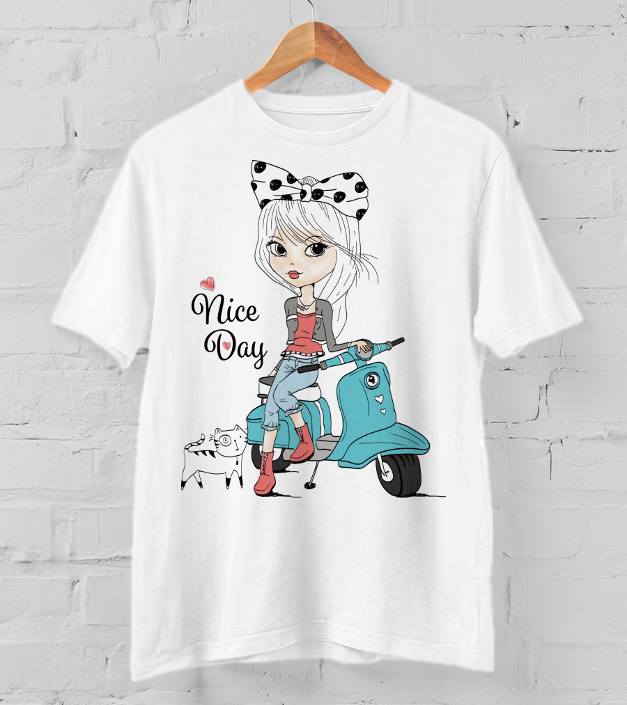 Nice Day Scooter Girl With Polka Dot Bow And Cute Cat T-Shirt