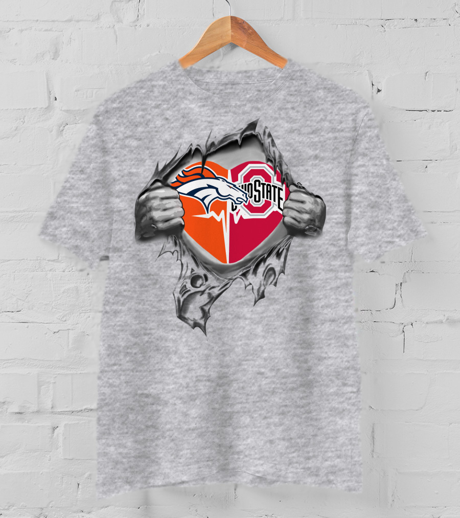 Denver Broncos Ohio State Buckeyes Logo Heart Tear Effect T-Shirt