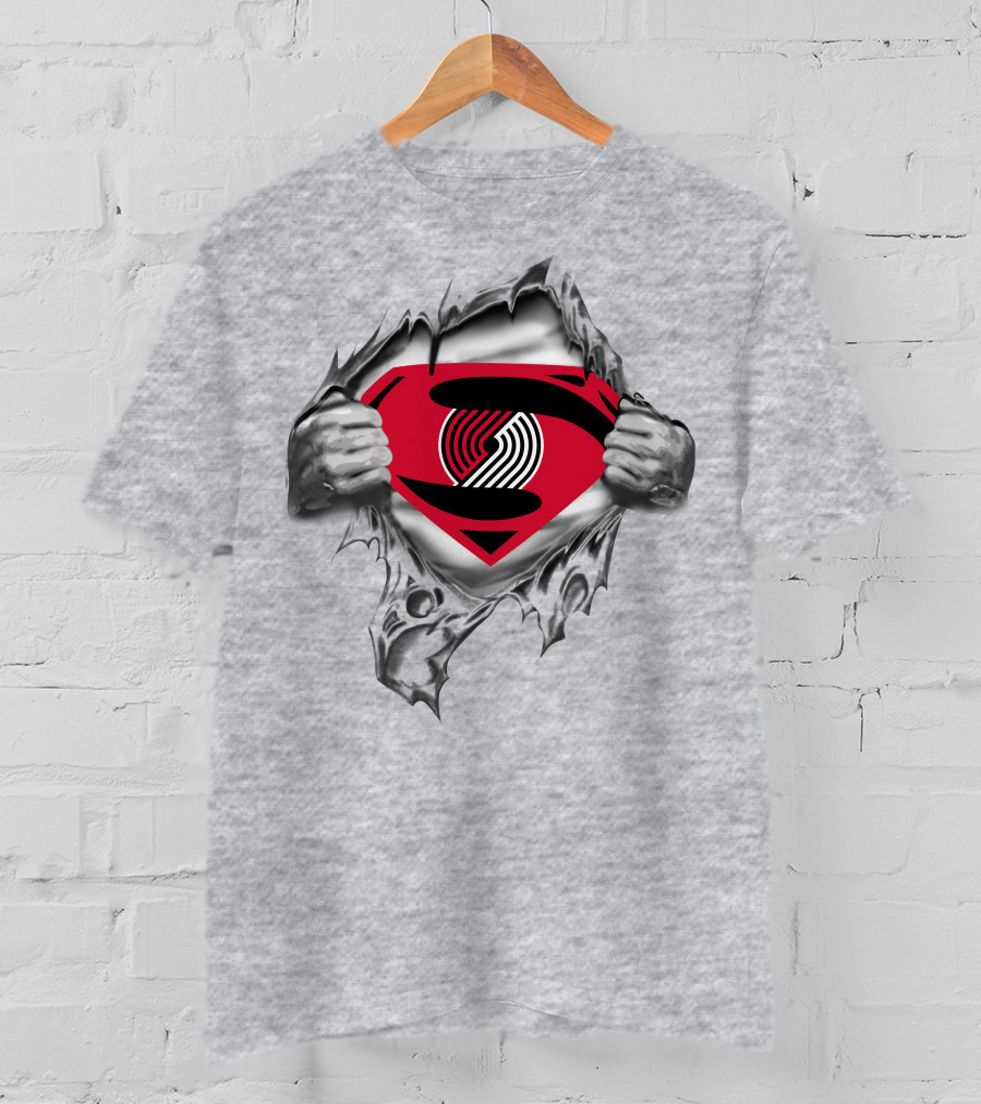 Portland Trail Blazers Super Man Logo Busting Through T-Shirt