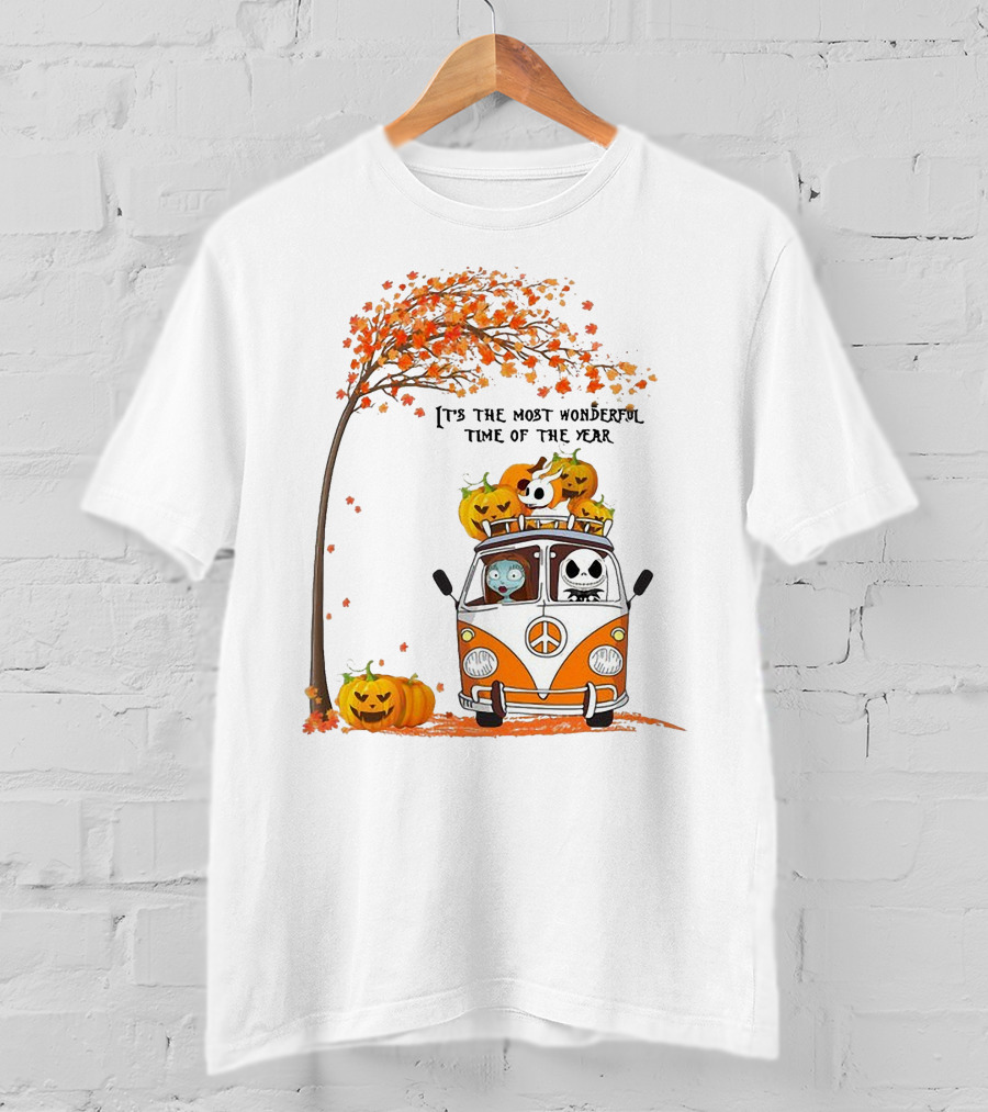 Jack Skellington Pumpkin It's The Most Wonderful Time Of The Year Autumn Van With Pumpkins And Tree T-Shirt