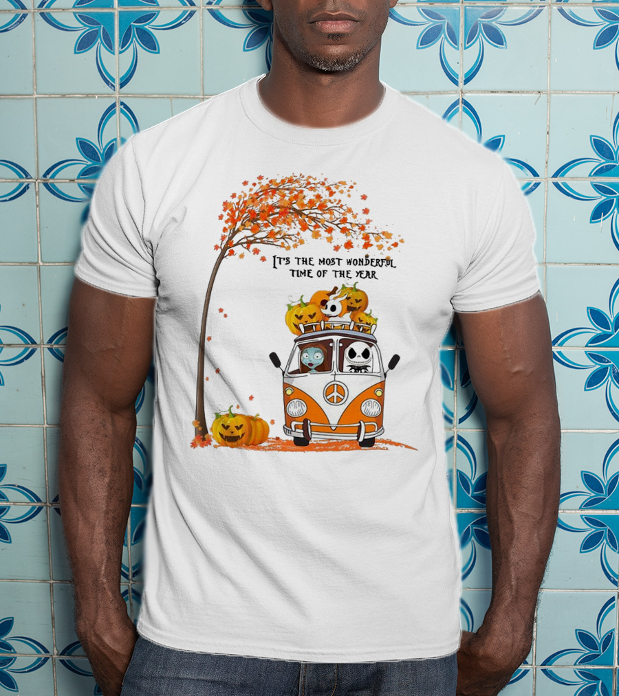 Jack Skellington Pumpkin It's The Most Wonderful Time Of The Year Autumn Van With Pumpkins And Tree T-Shirt