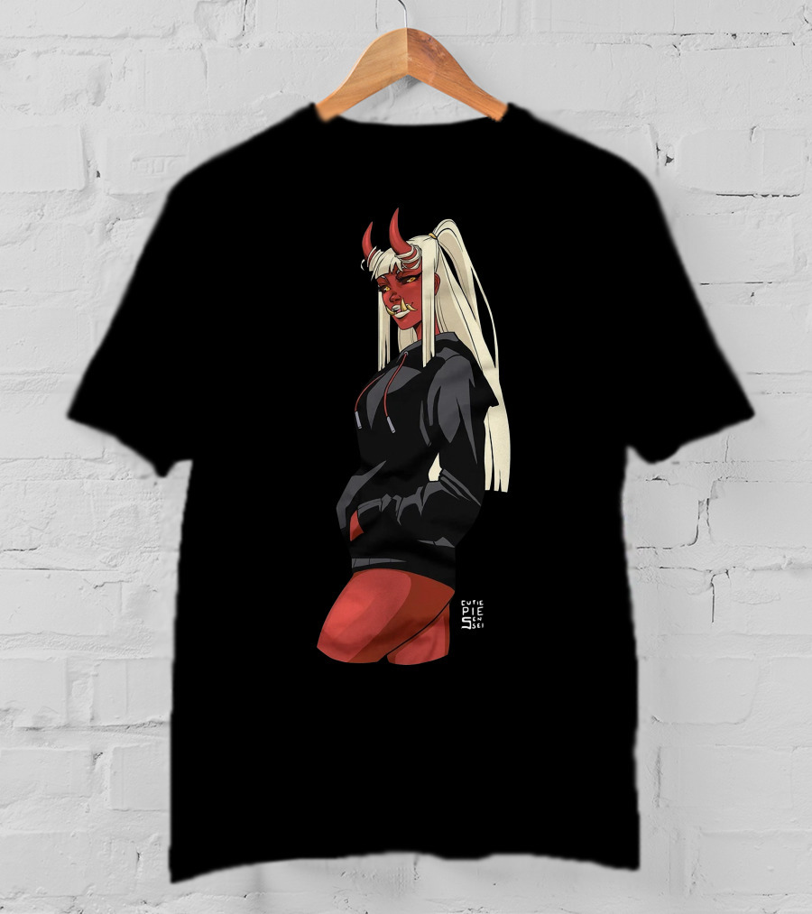 Cutie Pie Sensei X Redpop Oni Chan Demon Girl In Black Hoodie With Red Horns And Long Blonde Hair T-Shirt
