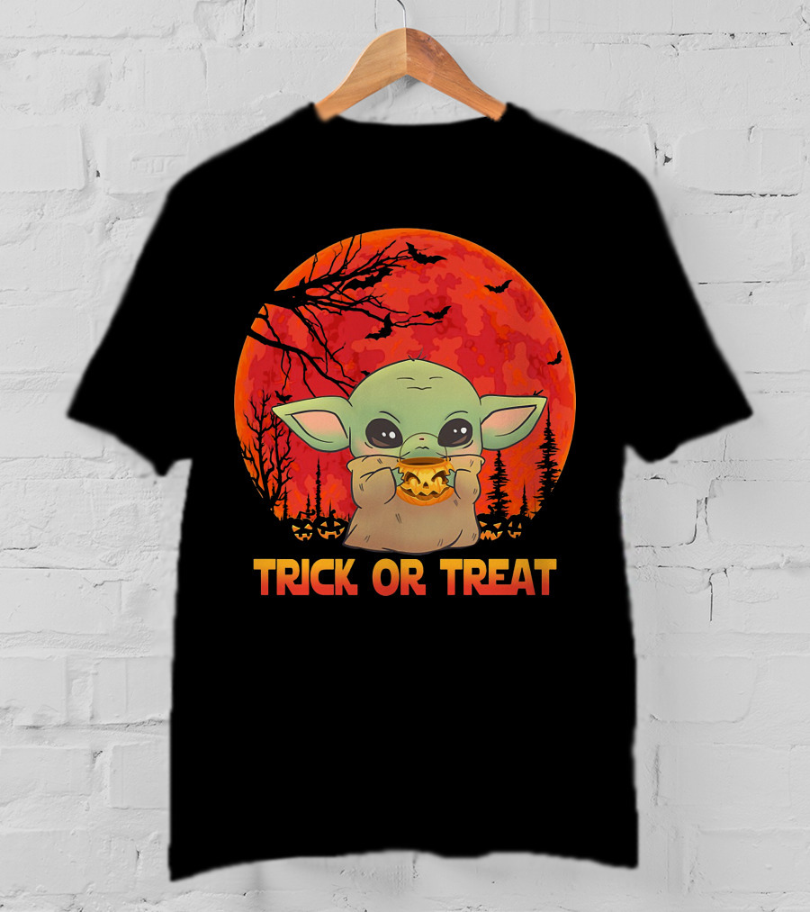 Halloween Baby Yoda Trick Or Treat Moon Pumpkin Forest T-Shirt