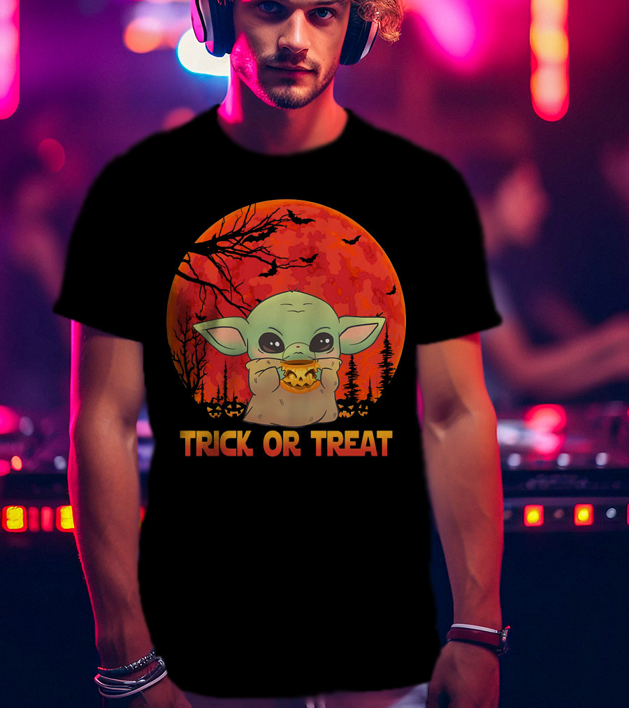 Halloween Baby Yoda Trick Or Treat Moon Pumpkin Forest T-Shirt
