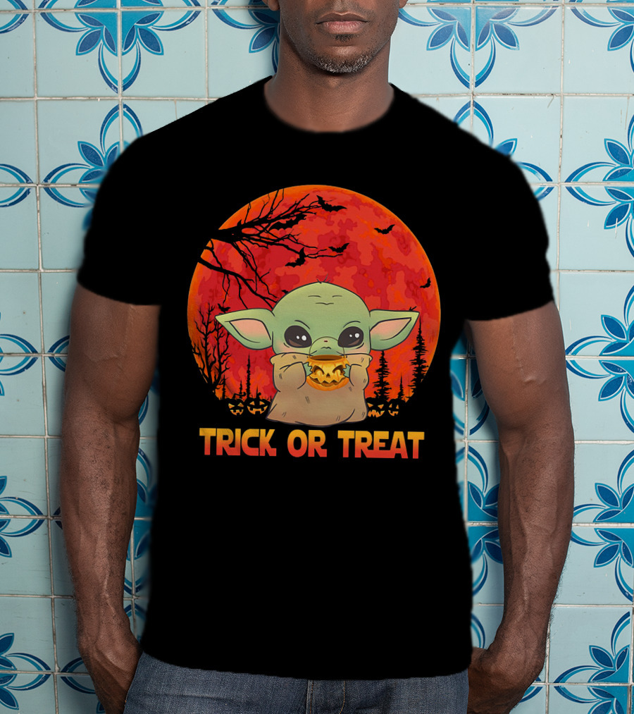 Halloween Baby Yoda Trick Or Treat Moon Pumpkin Forest T-Shirt