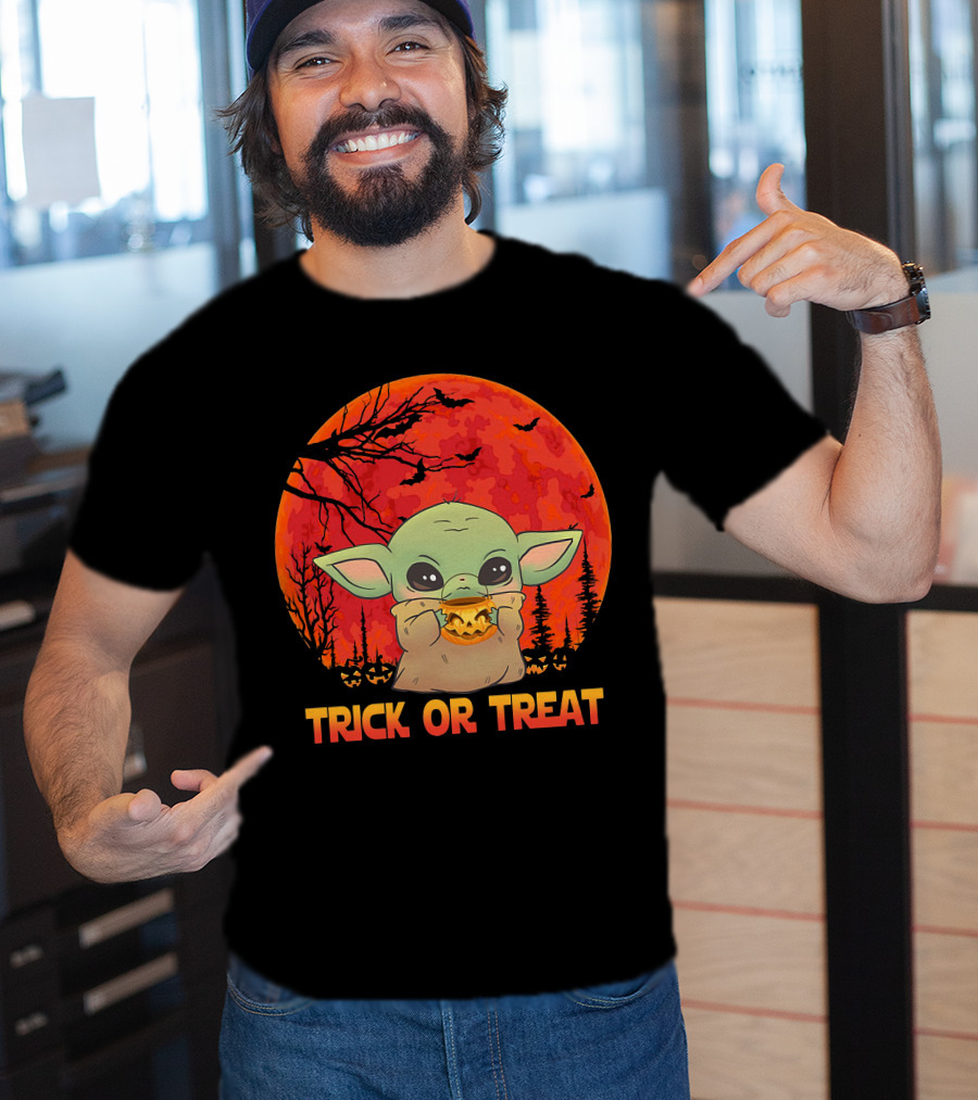 Halloween Baby Yoda Trick Or Treat Moon Pumpkin Forest T-Shirt