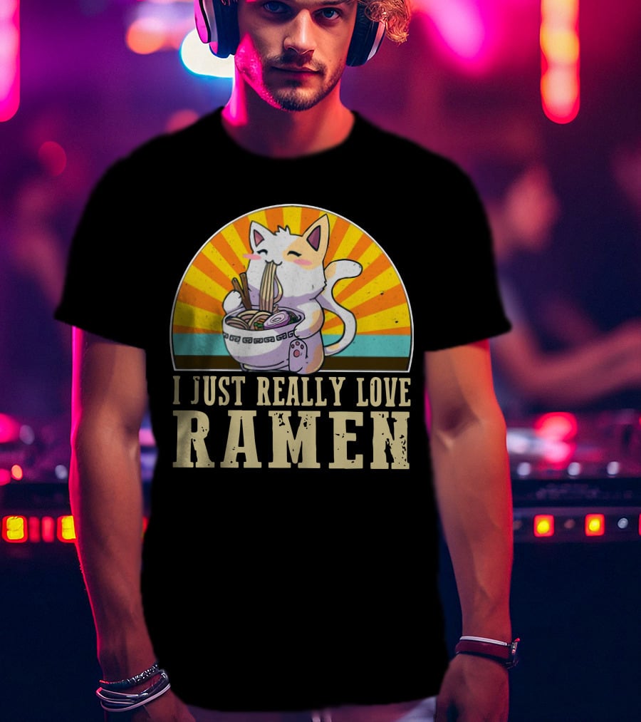 Cat Enjoying Ramen With Sunburst Background Graphics T-Shirt