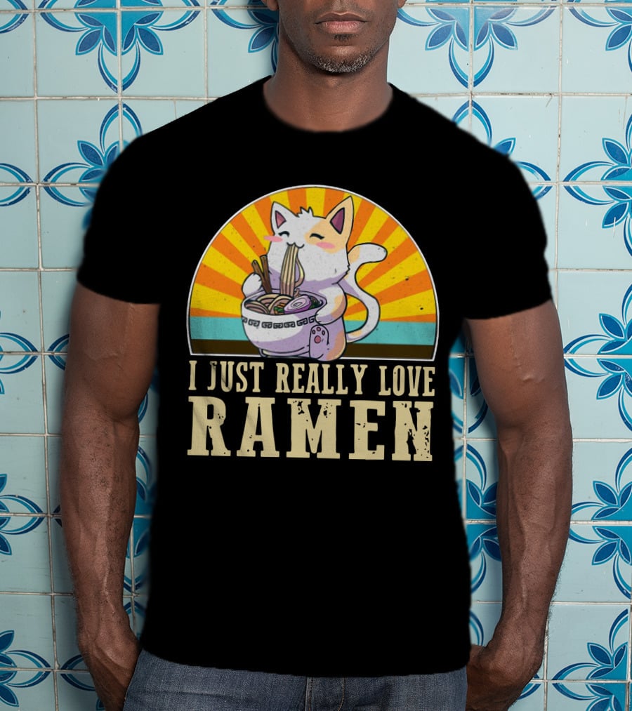 Cat Enjoying Ramen With Sunburst Background Graphics T-Shirt
