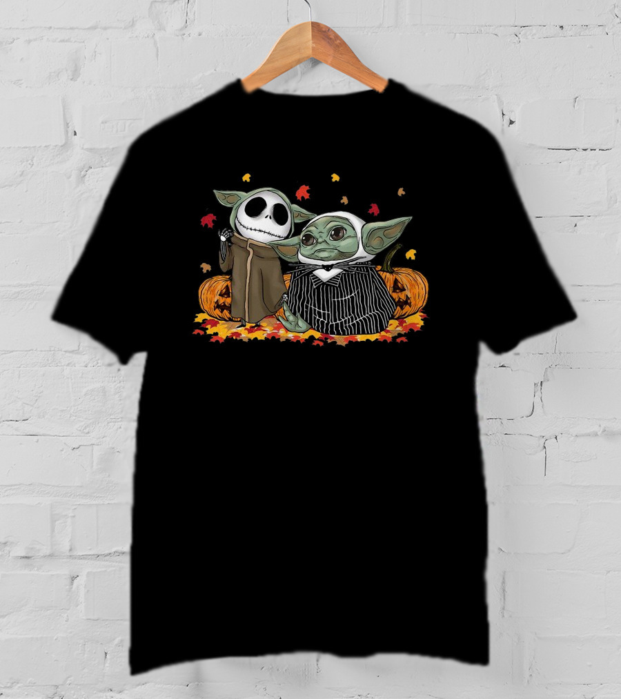 Jack Skellington And Baby Yoda Halloween Pumpkin Crossover T-Shirt