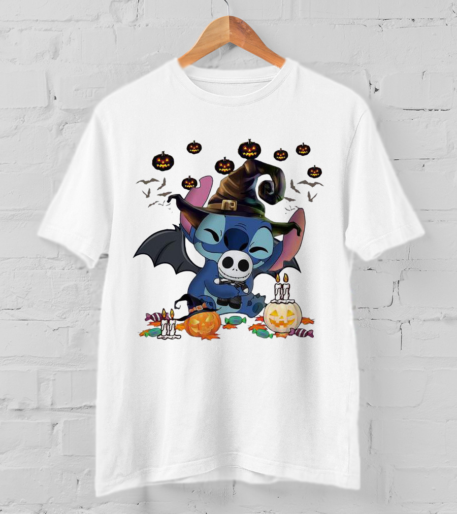 Halloween Stitch With Jack Skellington Mask And Bats T-Shirt